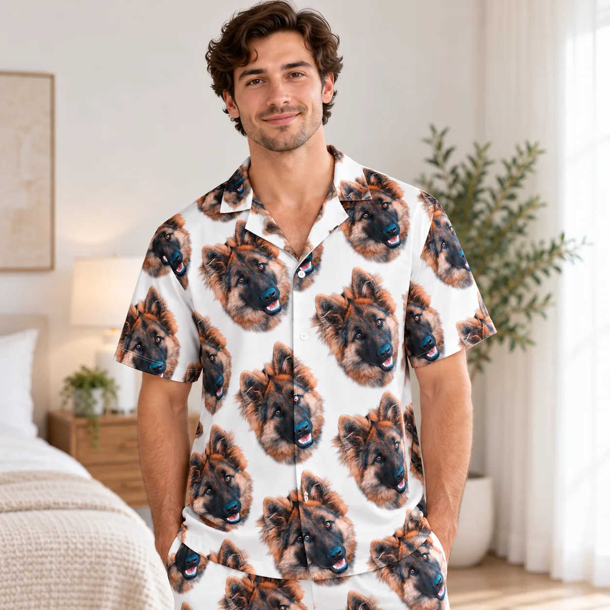 Close-up of a camp collar pajama shirt covered in printed German shepherd dog faces