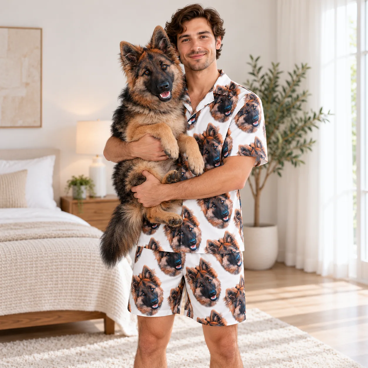 Man holding his German shepherd while wearing a pajama shirt printed with the same dog