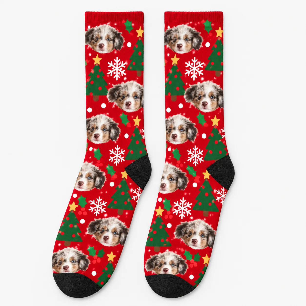 Pair of red crew socks printed with Australian shepherd puppy faces, Christmas trees and snowflakes