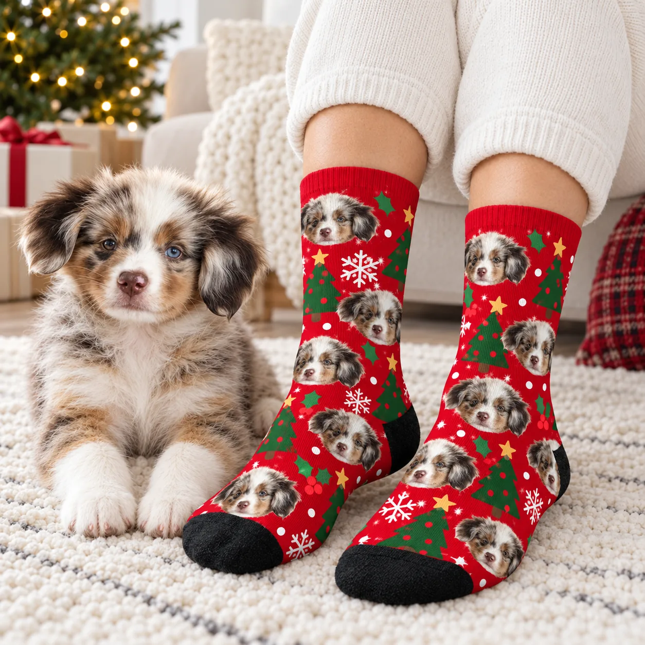 Australian shepherd puppy lying beside feet in socks printed with its own face