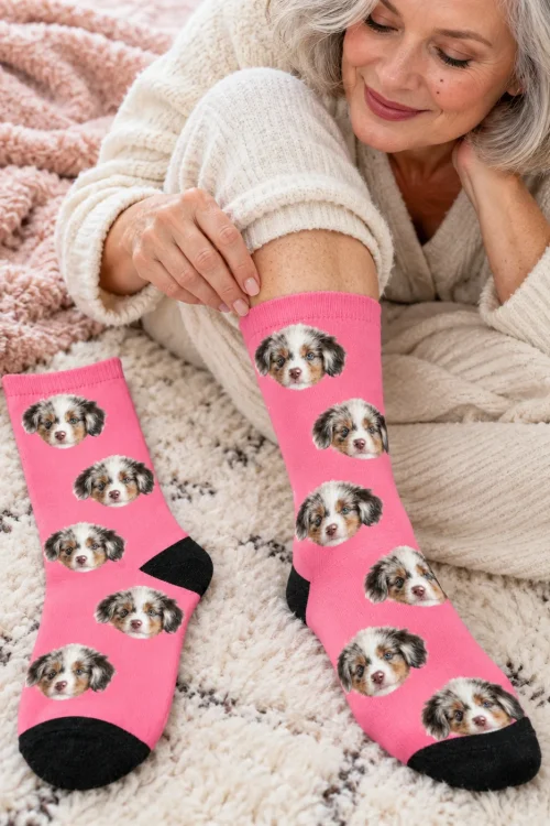 Silver-haired woman pulling up pink custom face socks covered in puppy faces on a rug