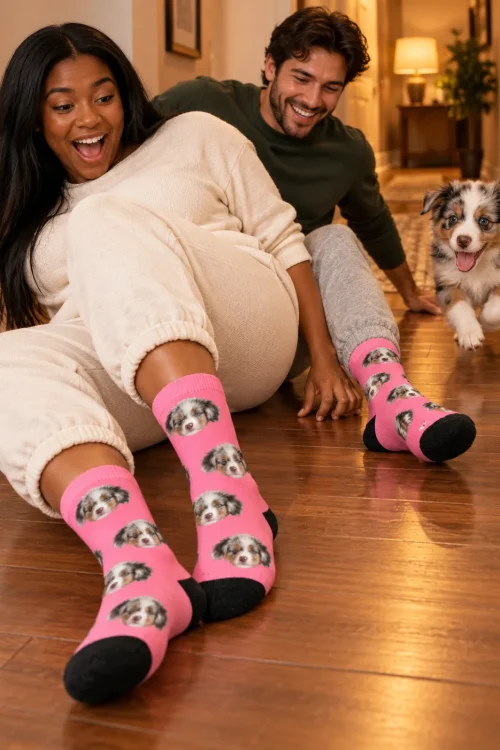 Couple laughing on a wood floor in pink face socks as their Aussie puppy runs over