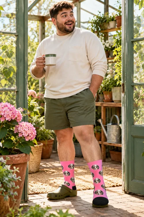 Man with a mug in a sunny greenhouse wearing pink custom face socks and shorts