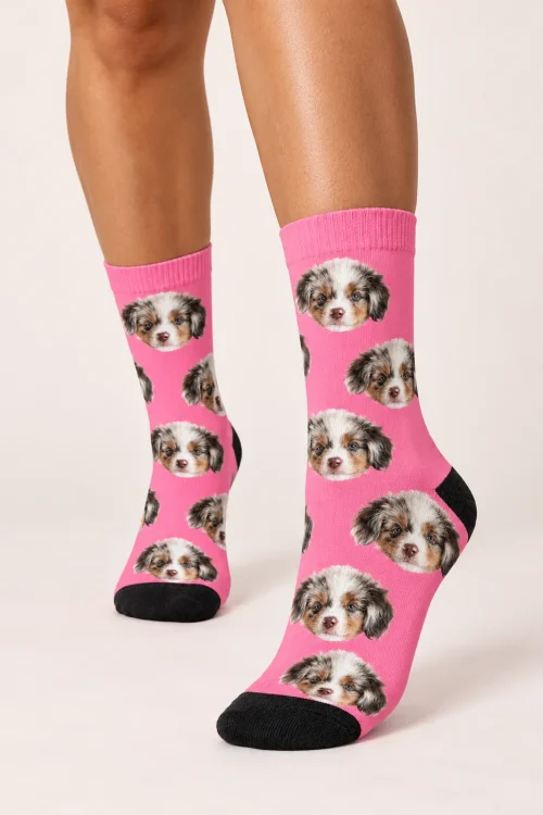Legs walking in bright pink custom face socks printed with an Aussie puppy