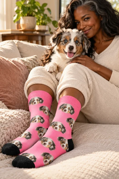 Smiling woman on a sofa hugging her puppy, wearing pink socks with its face