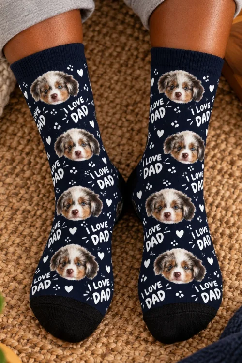 Top-down view of feet on a jute rug in navy I Love Dad socks with puppy faces