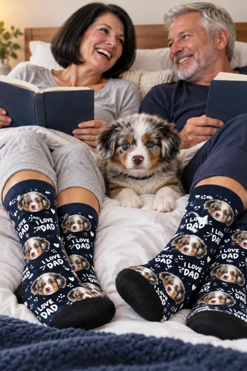 Couple reading in bed with their puppy, wearing navy I Love Dad face socks