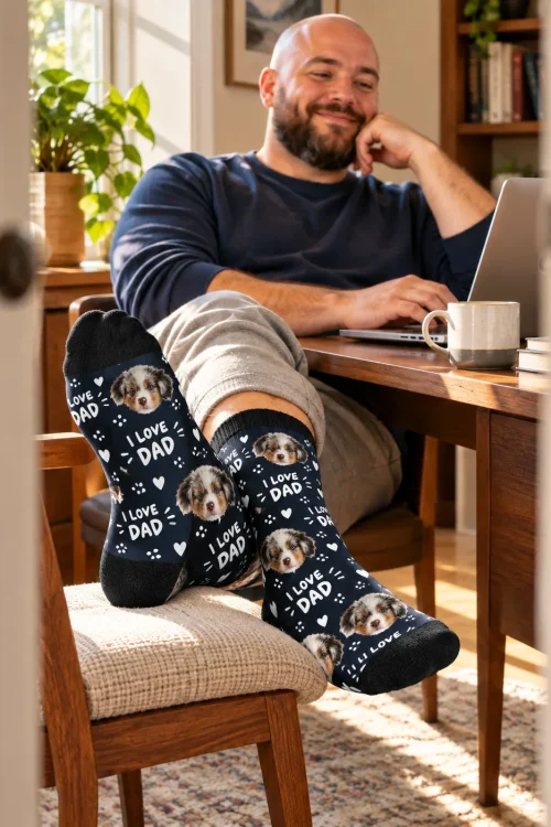 Man at a desk with his feet up on a chair in navy I Love Dad socks