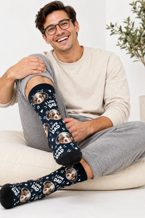 Smiling man in glasses on a floor cushion in navy I Love Dad socks with puppy faces