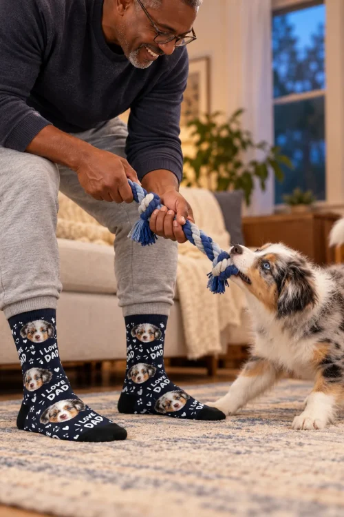 Man playing tug with his Aussie puppy in navy custom Father's Day socks
