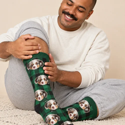 Custom Holiday Socks with Your Pet's Face, Green Plaid