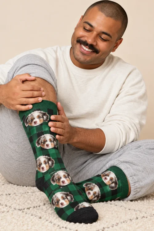 Custom Holiday Socks with Your Pet's Face, Green Plaid