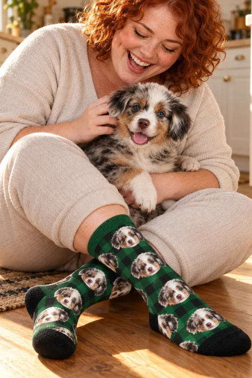 Red-haired woman hugging her Aussie puppy in green plaid socks with its face