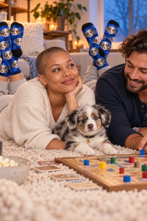 Couple playing a board game on a rug in blue plaid face socks with their puppy