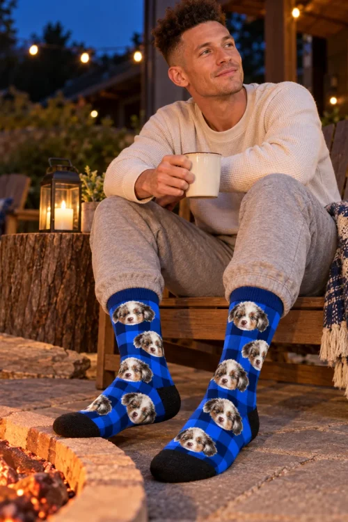 Man with a mug by a fire pit at night in blue plaid custom mens socks