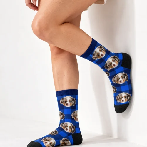 Custom Mens Socks with His Pet's Face, Blue Plaid