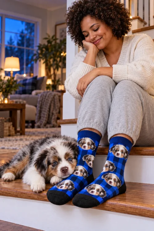 Woman on the stairs with her Aussie puppy, wearing blue plaid socks with its face