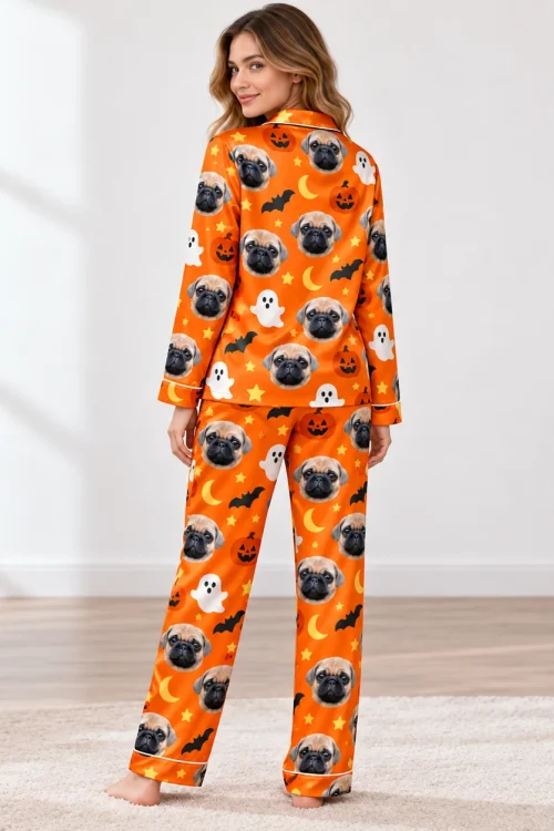 Back view of the satin custom pet pajama set with pug faces