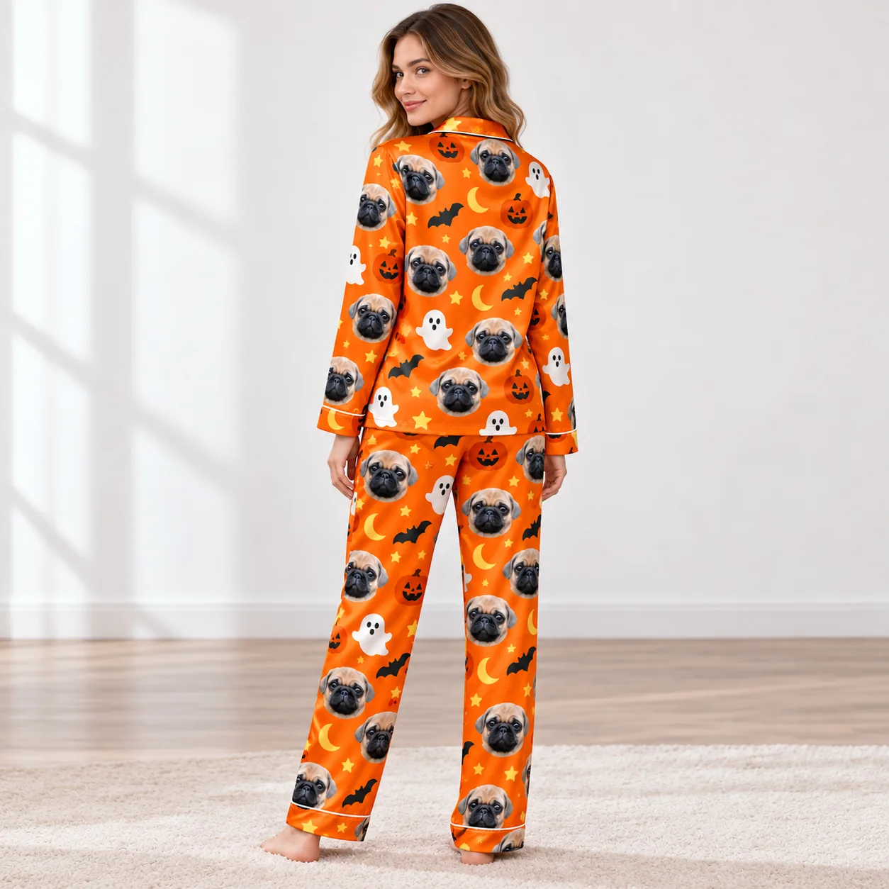 Custom Pet Face Satin Pajama Set — back | GenzOutfit Back view of the satin custom pet pajama set with pug faces