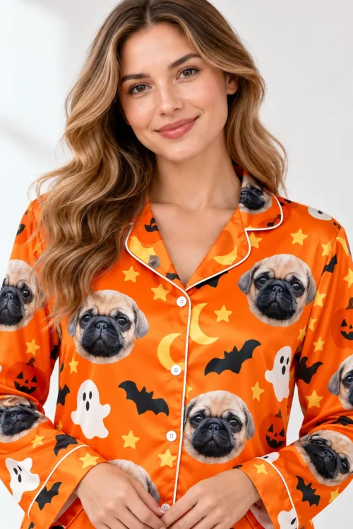 Close-up of the satin pet pajama shirt: notched collar, white piping, pug face print