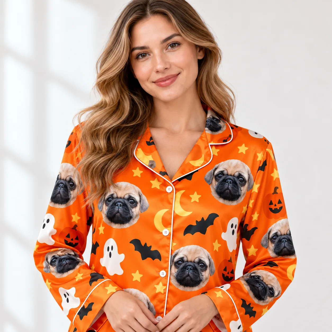 Custom Pet Face Satin Pajama Set — close up | GenzOutfit Close-up of the satin pet pajama shirt: notched collar, white piping, pug face print