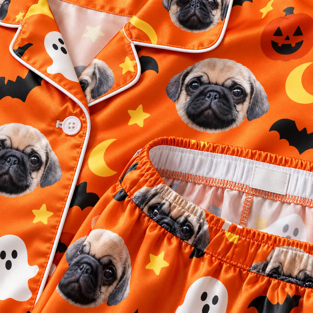 Custom Pet Face Satin Pajama Set — detail | GenzOutfit Detail of the satin pet pajama set: button, piping and inside of the elastic waistband