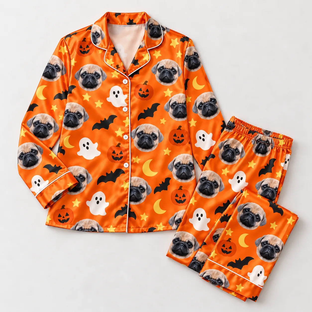 Custom Pet Face Satin Pajama Set — flat lay | GenzOutfit Satin custom pet pajama set laid flat: button shirt and long pants with pug faces
