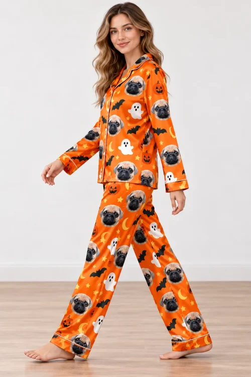 Side view of the satin pet pajama set mid-step, long sleeves and full-length pants