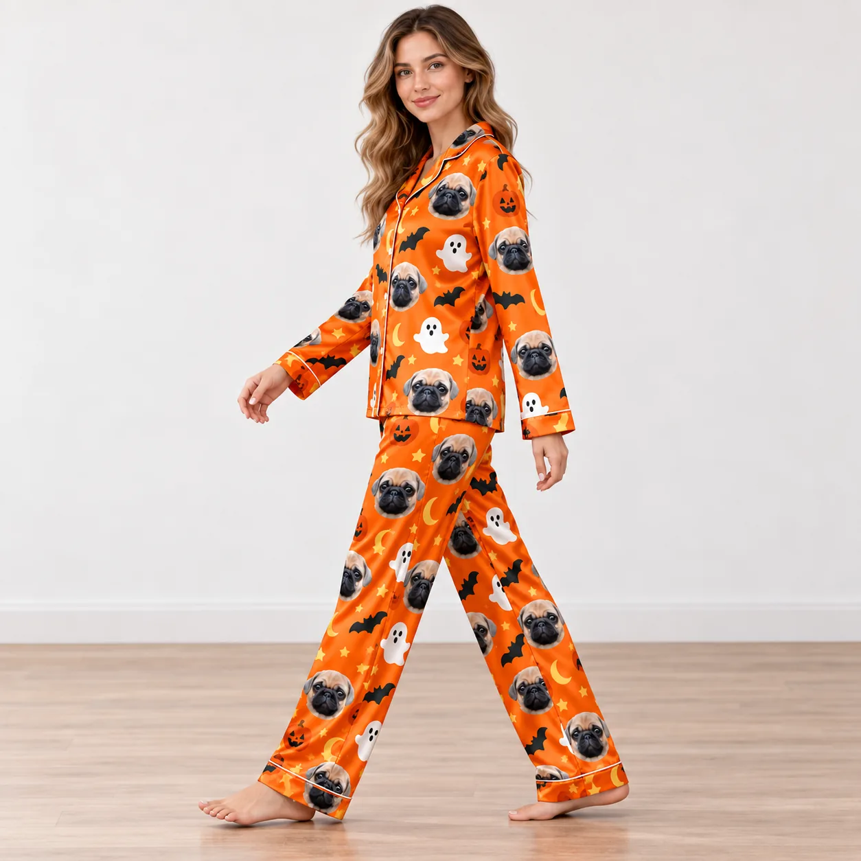 Custom Pet Face Satin Pajama Set — side | GenzOutfit Side view of the satin pet pajama set mid-step, long sleeves and full-length pants