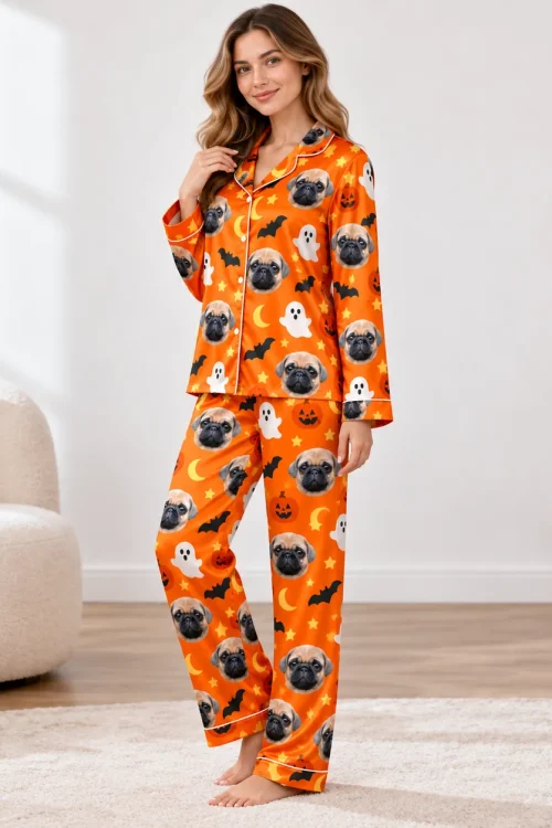 Satin custom pet pajama set, 3/4 view, pug face Halloween print