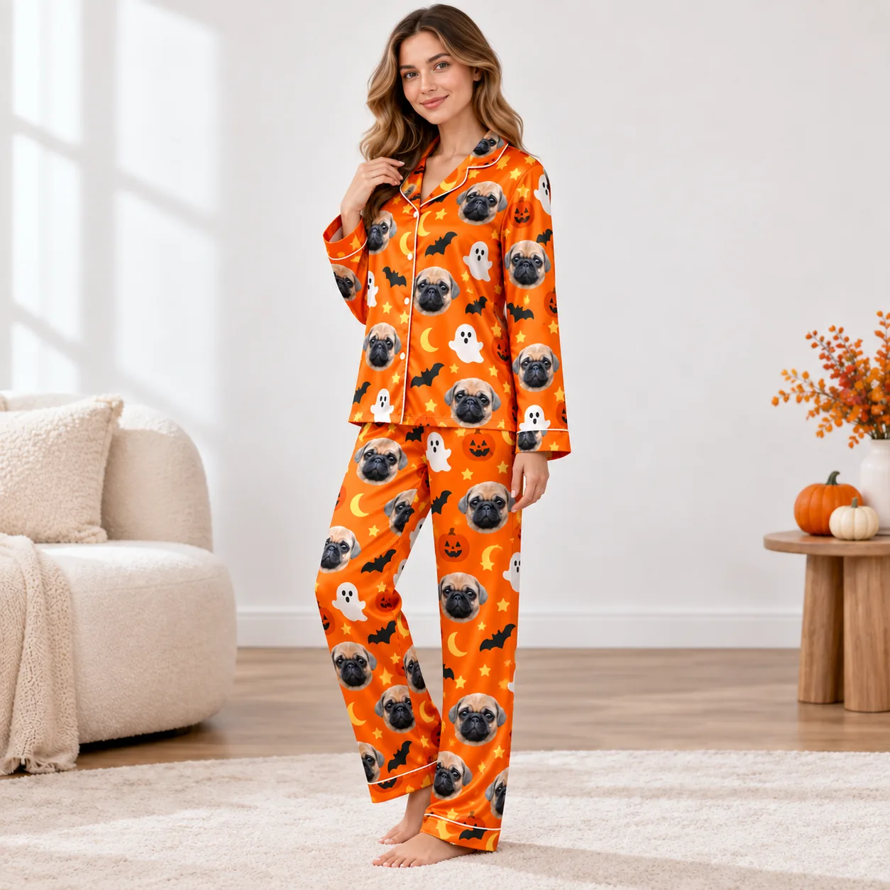Custom Pet Face Satin Pajama Set — three quarter | GenzOutfit Satin custom pet pajama set, 3/4 view, pug face Halloween print