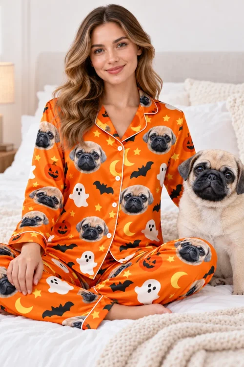 Woman sitting on a bed beside her pug in the matching custom pet pajama set