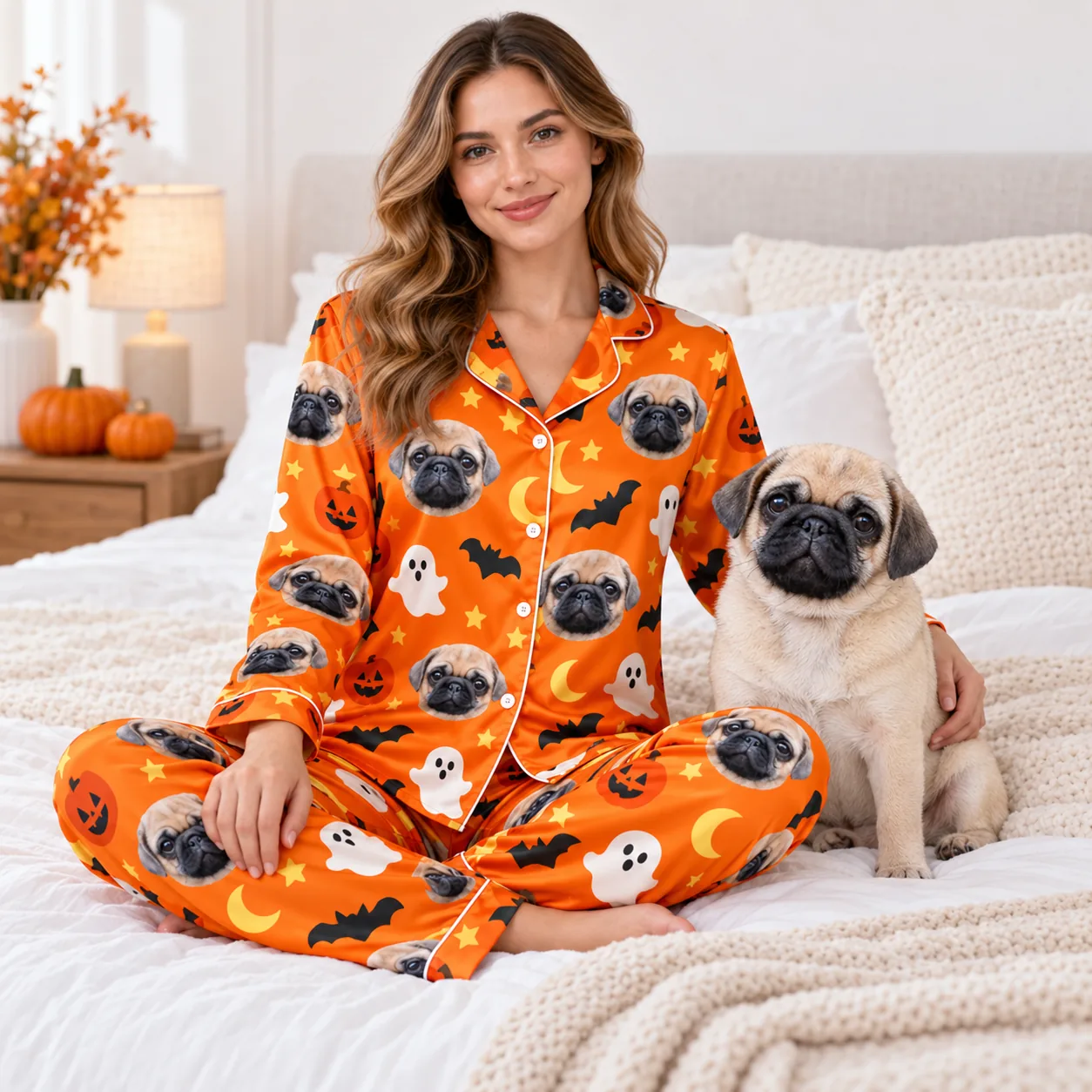 Custom Pet Face Satin Pajama Set — with dog bed | GenzOutfit Woman sitting on a bed beside her pug in the matching custom pet pajama set