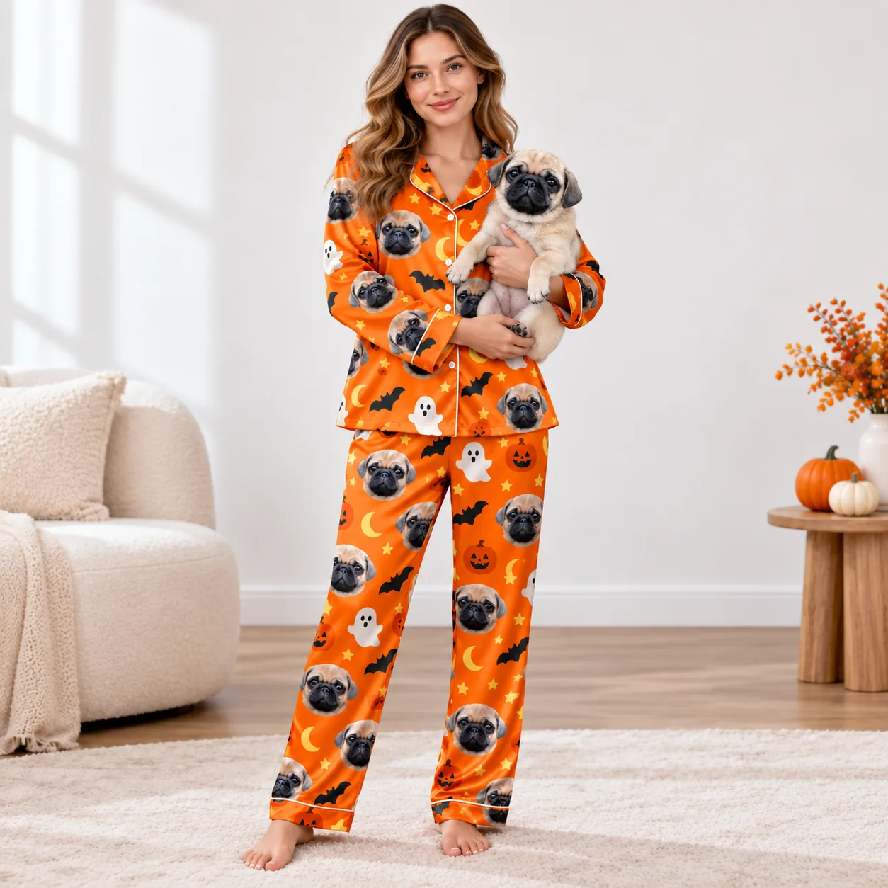 Custom Pet Face Satin Pajama Set — with dog holding | GenzOutfit Woman holding her pug while wearing a satin pajama set printed with the pug's face