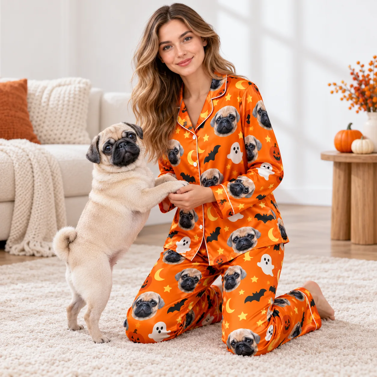 Custom Pet Face Satin Pajama Set — with dog play | GenzOutfit Pug standing up against a woman kneeling in a satin custom pet pajama set