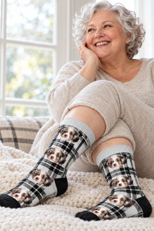 Gray-haired woman on a knit blanket in black and white plaid socks with puppy faces