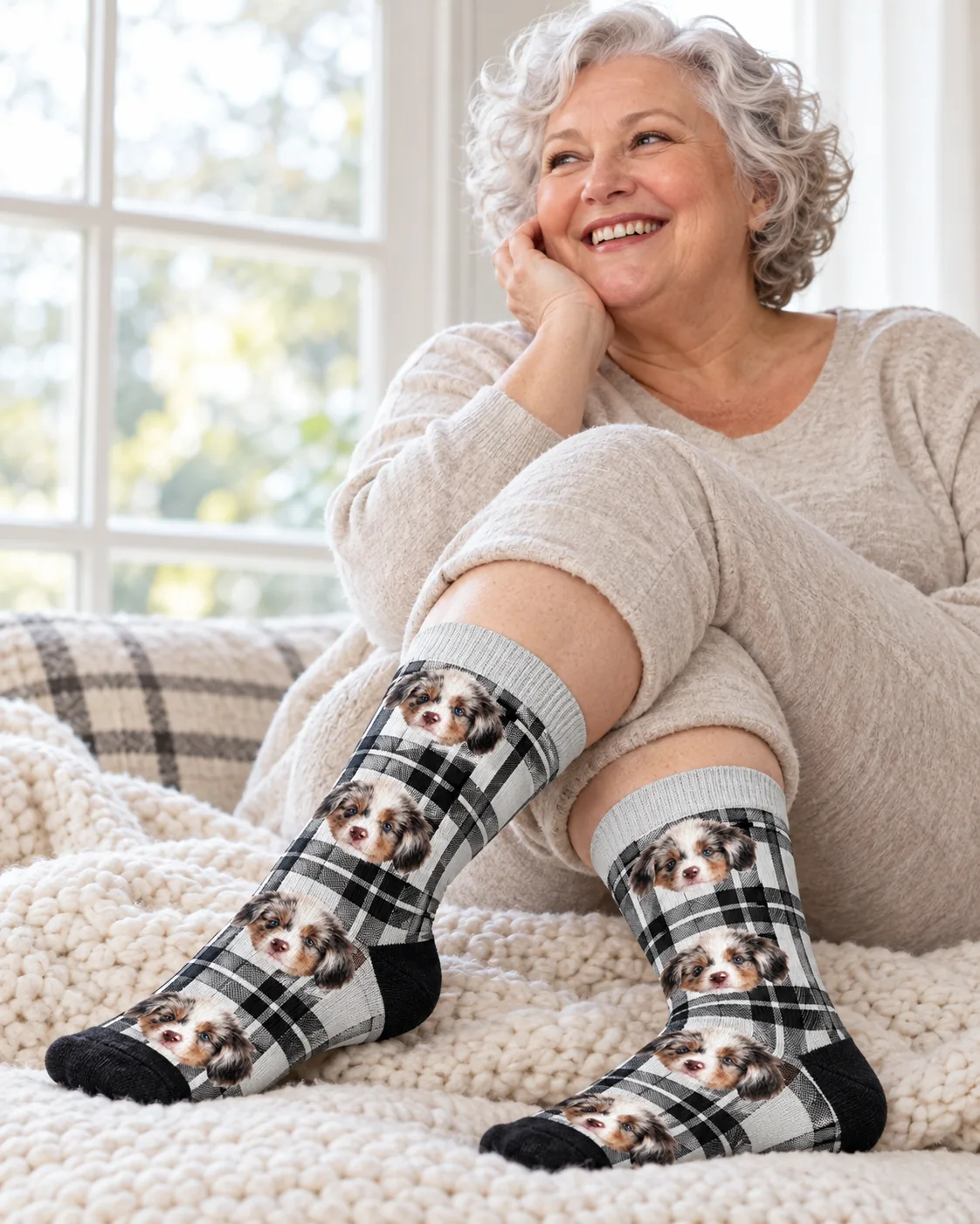 Gray-haired woman on a knit blanket in black and white plaid socks with puppy faces