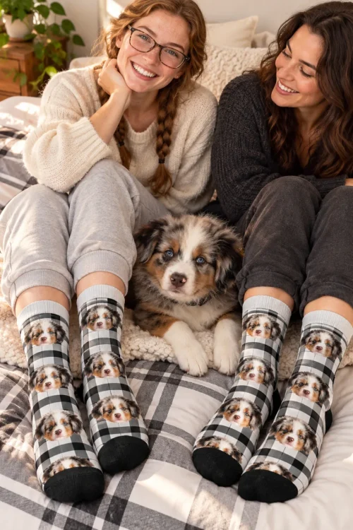 Two friends on a plaid bed in white plaid socks with puppy faces, the puppy between them