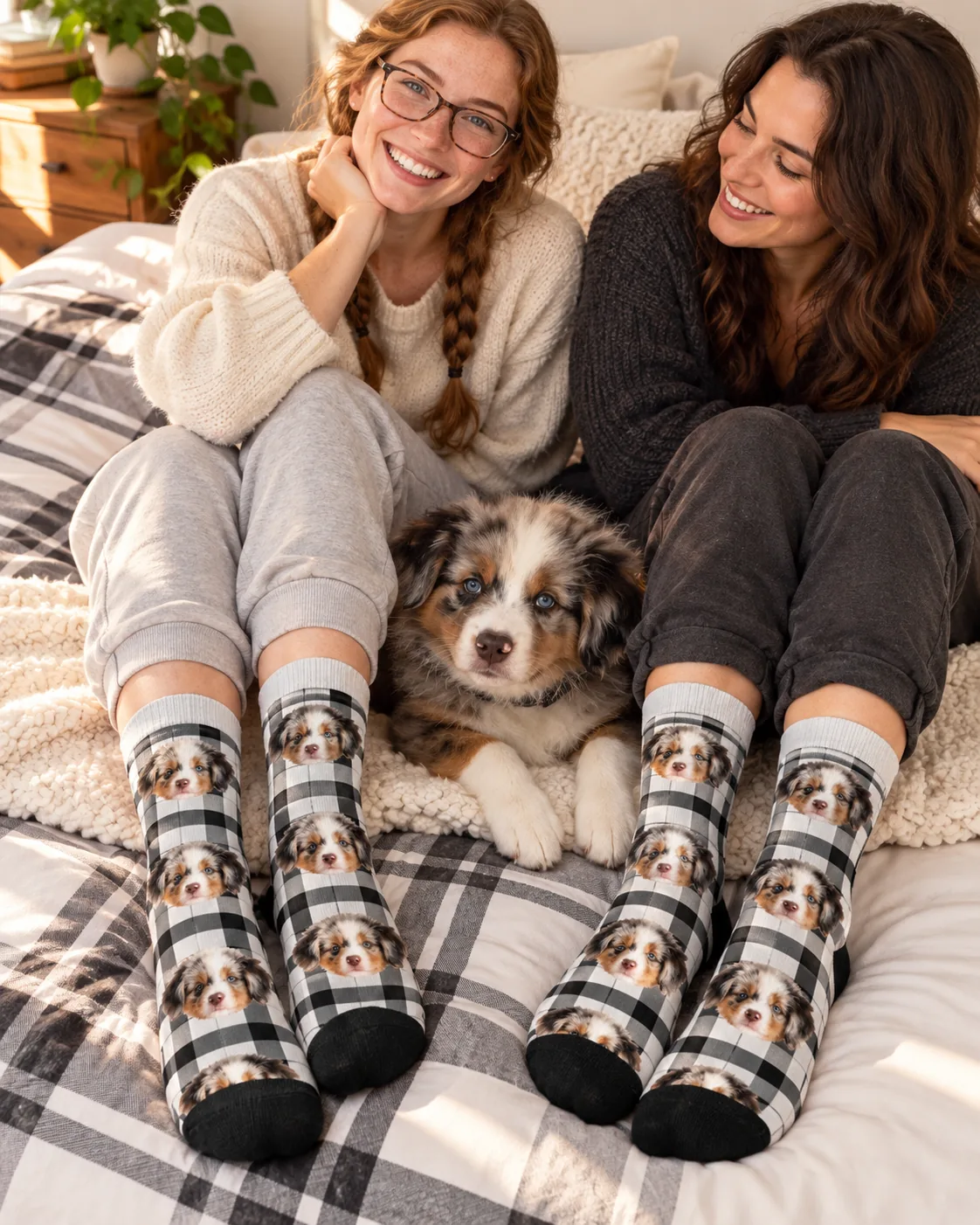 Two friends on a plaid bed in white plaid socks with puppy faces, the puppy between them
