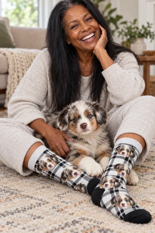 Woman cross-legged on a rug with her Aussie puppy in white plaid face socks