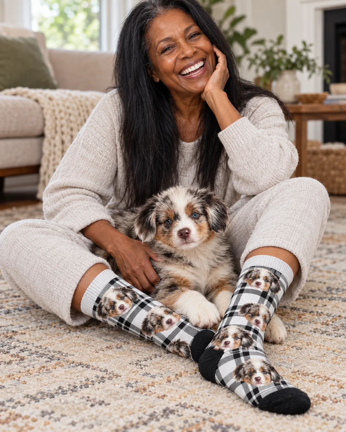 Woman cross-legged on a rug with her Aussie puppy in white plaid face socks
