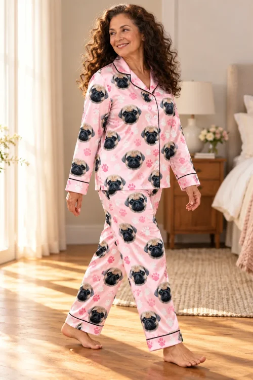 Woman with long curly hair walking through a sunny bedroom in a blush pink satin pajama set with pugs