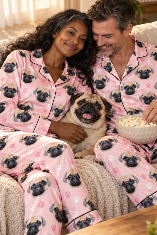Couple sharing popcorn on the couch with their pug, wearing blush pink satin pajama sets with pug faces