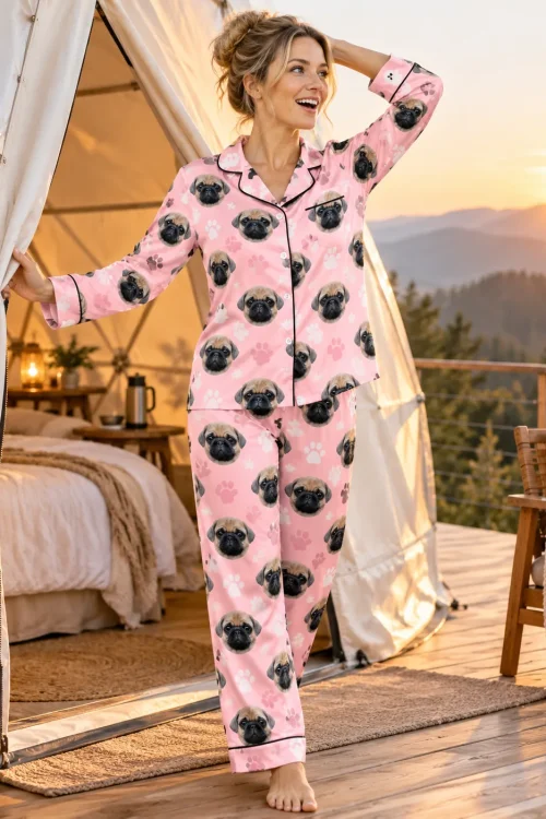 Woman at a glamping tent at sunset in a blush pink satin pajama set printed with pug faces and paws