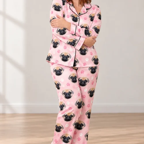 Blush Pink Paw Print Satin Pajama Set with Your Pet's Face