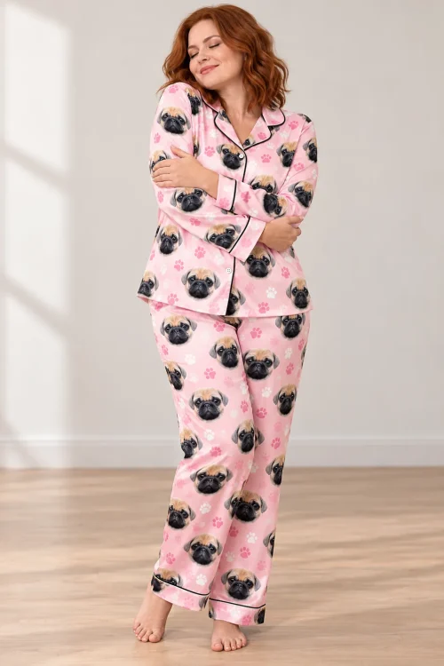 Blush Pink Paw Print Satin Pajama Set with Your Pet's Face