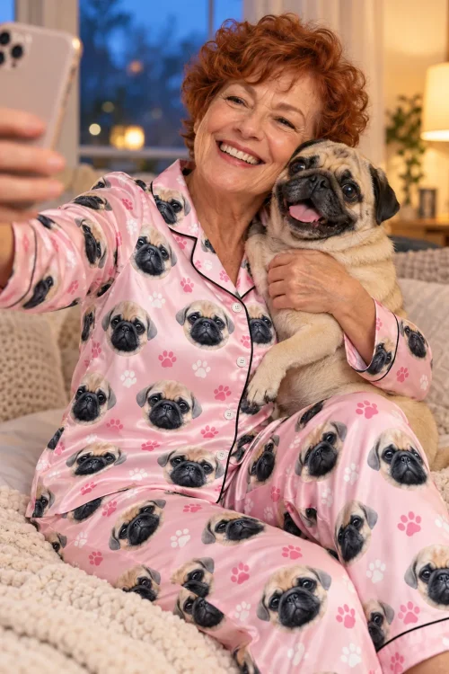 Smiling woman taking a selfie with her pug on the sofa in a blush pink satin pajama set with pug faces