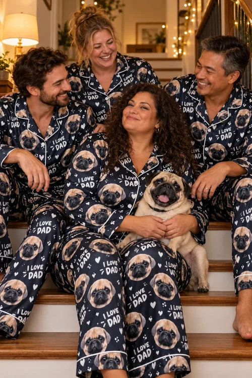Four friends on the stairs with their pug in matching navy I Love Dad satin pajama sets