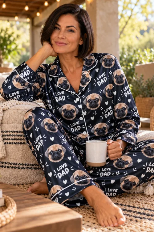 Woman with a mug on a patio floor cushion in a navy I Love Dad satin pajama set with pug faces