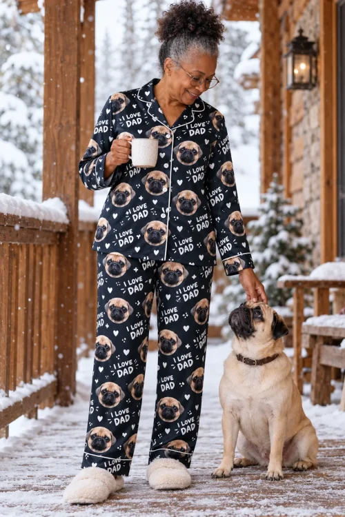 Woman with a mug petting her pug on a snowy porch in a navy I Love Dad satin pajama set